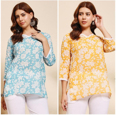 ATTIREGURU Women Floral Print, Embellished Straight Kurta(Multicolor)