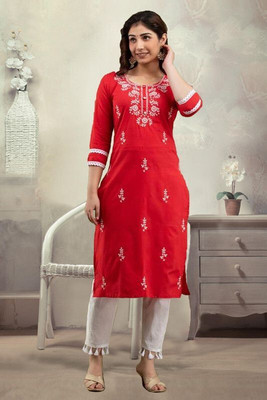 HouseOfCommon Women Chikan Embroidery Straight Kurta(Red)
