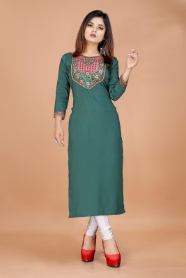 Manidhar Women Embroidered Straight Kurta(Green)