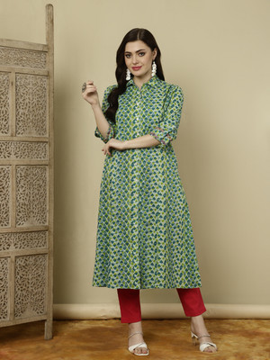 Jaipur Kurti Women Geometric Print Straight Kurta(Green)