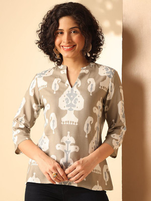 ANOUK Women Geometric Print Straight Kurta(Grey)