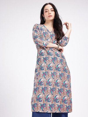 Anouk Rustic Women Floral Print Straight Kurta(Brown, Blue)