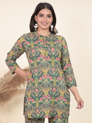 Aramya Women Floral Print Straight Kurta(Green)