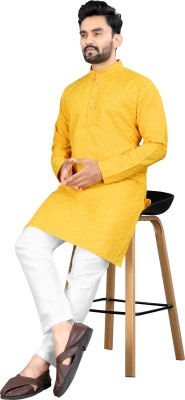 kanha creation Men Chikan Embroidery, Embellished Straight Kurta(Yellow)