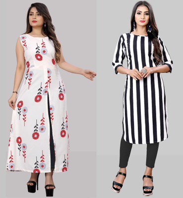 Hiral Creation Women Striped Straight Kurta(White)
