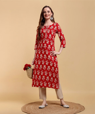 GREYSHADE Women Floral Print Straight Kurta(Red)