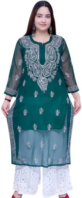 Neelam Chikan Women Embroidered A-line Kurta(Green)