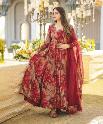 Zestleaf Women Floral Print Anarkali Kurta(Maroon)