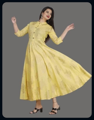 AnviTextile Women Printed Anarkali Kurta(Yellow)