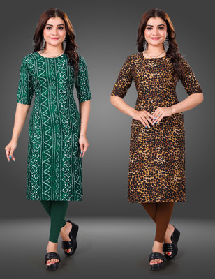 MOBHISA Women Printed Straight Kurta(Brown)