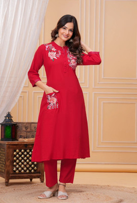 Shree nidhi creation Women Embroidered A-line Kurta(Red)