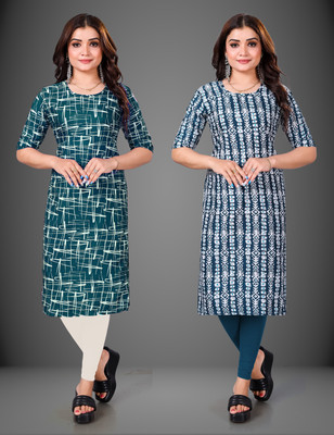 YATKSH Women Printed Straight Kurta(Light Blue)