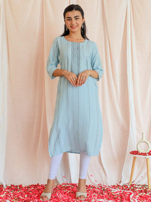 LIBAS Women Embroidered Straight Kurta(Light Blue, Grey)