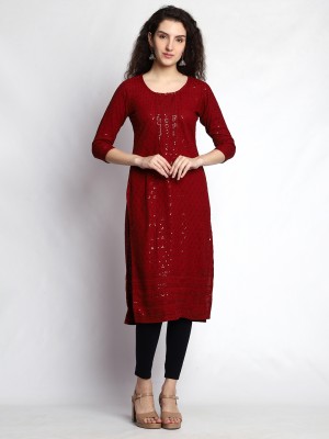 Fashion Point Women Chikan Embroidery Straight Kurta(Maroon)