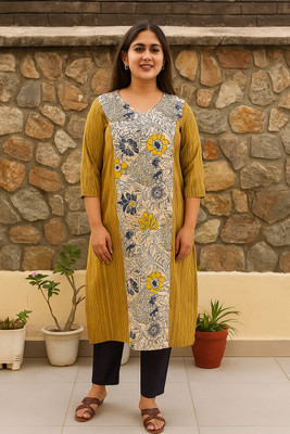 Cloth Stories Women Printed, Striped Straight Kurta(Yellow)