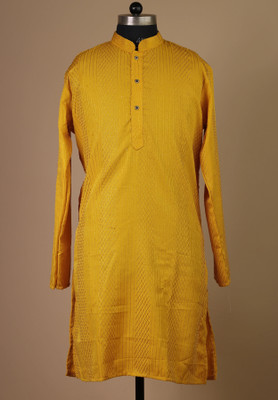 FOXDX Men Self Design Straight Kurta(Yellow)