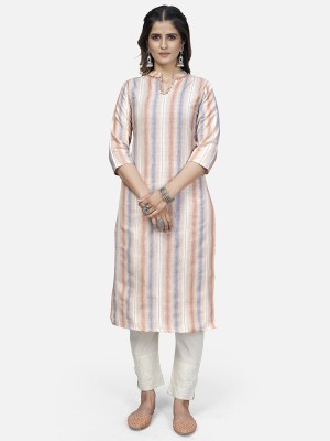 VBUYZ Women Striped Straight Kurta(Orange)