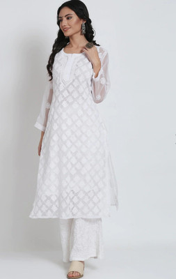 Chikankari by fs fashion Women Chikan Embroidery Straight Kurta(White)