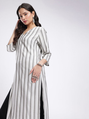 Anouk Rustic Women Striped Straight Kurta(Grey, White)