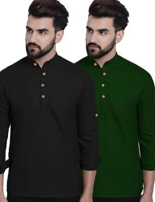 Vimal Star Men Solid Straight Kurta(Black, Green)