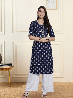 1 Stop Fashion Women Printed Straight Kurta(Dark Blue)