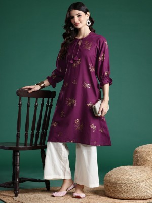 Sangria Women Printed A-line Kurta(Purple)