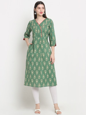 Myaza Women Printed A-line Kurta(Green)