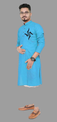 Mamata biswas Men Printed Straight Kurta(Light Blue)
