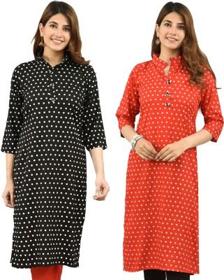 Rockshok Women Printed Straight Kurta(Red, Black)