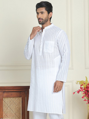 Jompers Men Striped Straight Kurta(White)