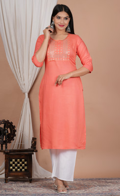 METAFAB Women Embroidered Straight Kurta(Pink)