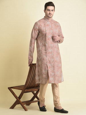 Tabard Men Printed Asymmetric Kurta(Pink)
