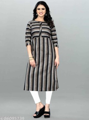 GMK FASHION Women Striped Straight Kurta(Grey)