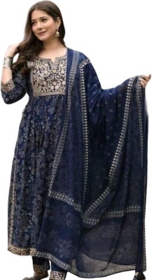 joshi industreies Women Embroidered, Printed Trail Cut Kurta(Dark Blue, Gold)