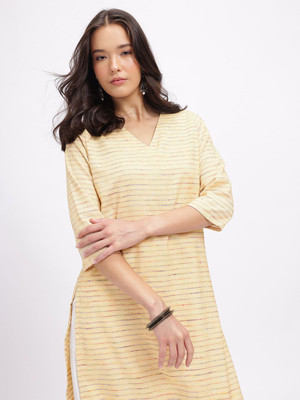 Anouk Rustic Women Striped Straight Kurta(Yellow)