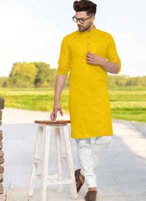 Rashmi Genz Men Printed Straight Kurta(Yellow)
