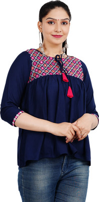 NANAK FEB Women Embroidered Flared Kurta(Blue)