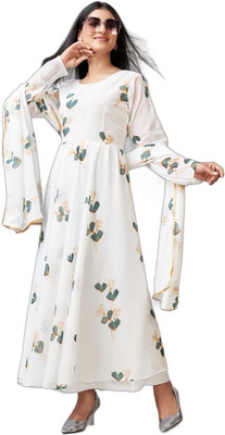 KUDI FEBRICS Women Printed Anarkali Kurta(White)