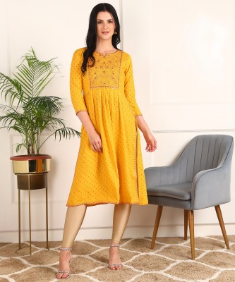 Kapad Dwar Women Embroidered A-line Kurta(Yellow)