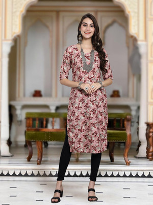 Moda Rapido Women Floral Print Straight Kurta(Pink)