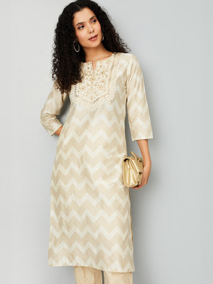 MAX Women Embroidered A-line Kurta(Beige)