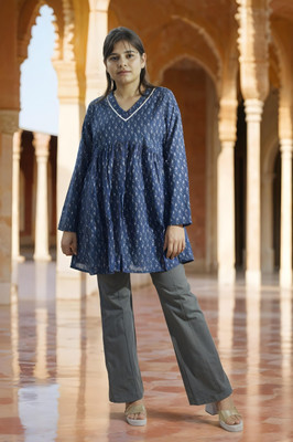 nesara Women Printed A-line Kurta(Blue)