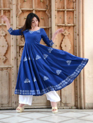 INDI INSIDE Women Block Print Anarkali Kurta(Blue)