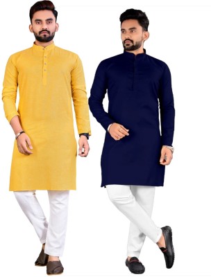 Simran Creation Men Solid Straight Kurta(Yellow, Blue)