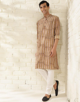Fabindia Men Printed Straight Kurta(Brown)