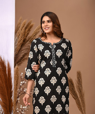 Rimeline Fashion Women Embroidered Straight Kurta(Black)
