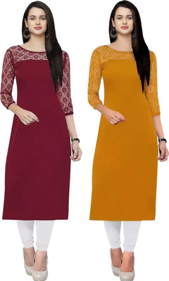 Maheshvi Women Self Design A-line Kurta(Yellow, Maroon)