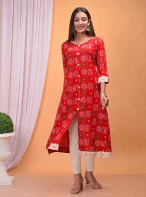 Chaukas Women Bandhani A-line Kurta(Red)