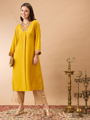 Globus Women Embroidered A-line Kurta(Yellow)