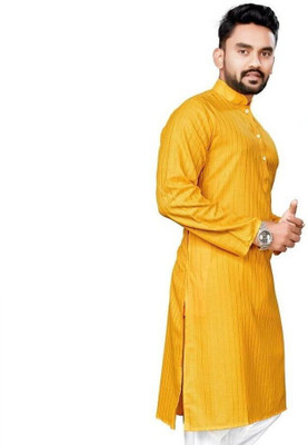 JENZEE Fashion Men Striped Straight Kurta(Yellow)